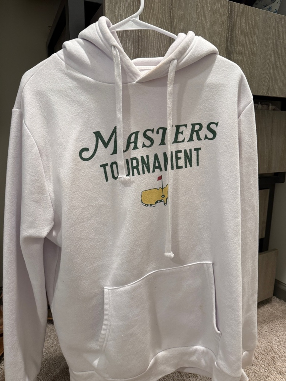 Masters White Crewneck Hoodie with Green Logo and Yellow Emblem
